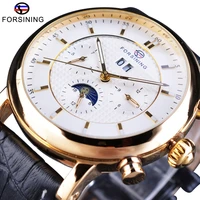 forsining white golden moon phase design calendar display fashion luxury genuine leather men automatic watches top brand luxury