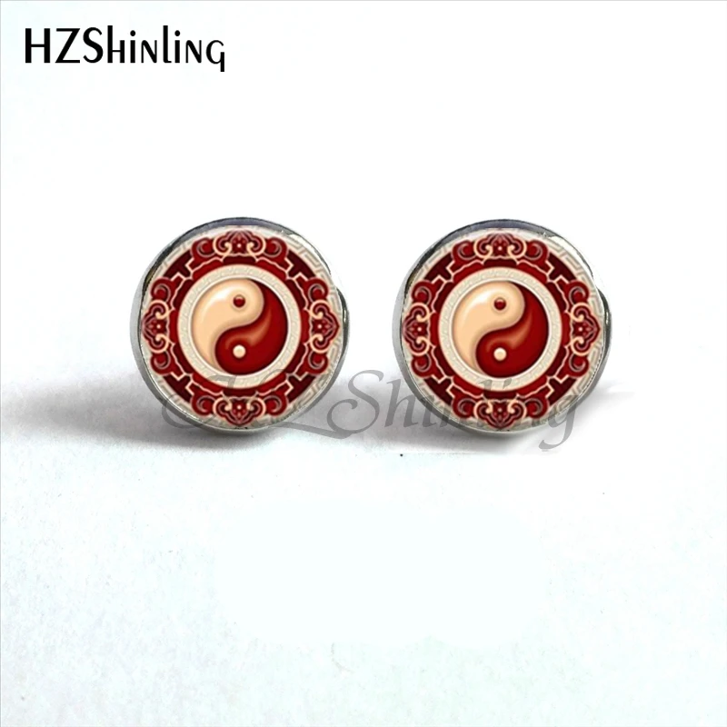 NES-00100 Серьги Yin Yang, серьги Ying Yang, серьги-гвоздики с волшебным знаком дзен, стеклянные серьги с кабошонами HZ4 - Окраска металла: 13