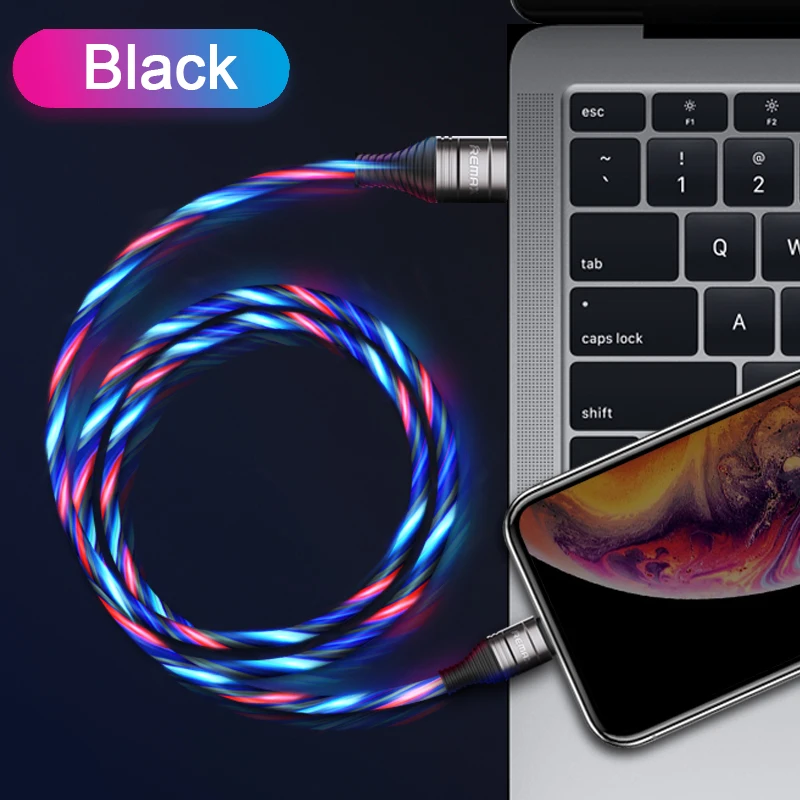 Remax светодиодный светящийся течёт 2.1A USB кабель для быстрой зарядки для iPhone 11 Pro Xs max XR X 8 7 6 plus 6s 5 s - Цвет: Черный