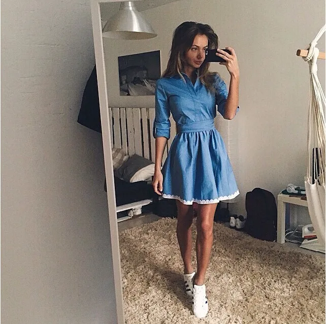 Платье трапеция женское джинсовое модное милое мини платье с рукавом три