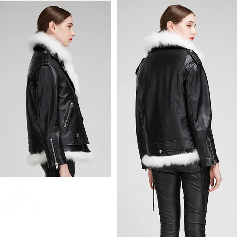 Кожаная женская куртка бомбер из овечьей кожи байкерская с длинными рукавами на