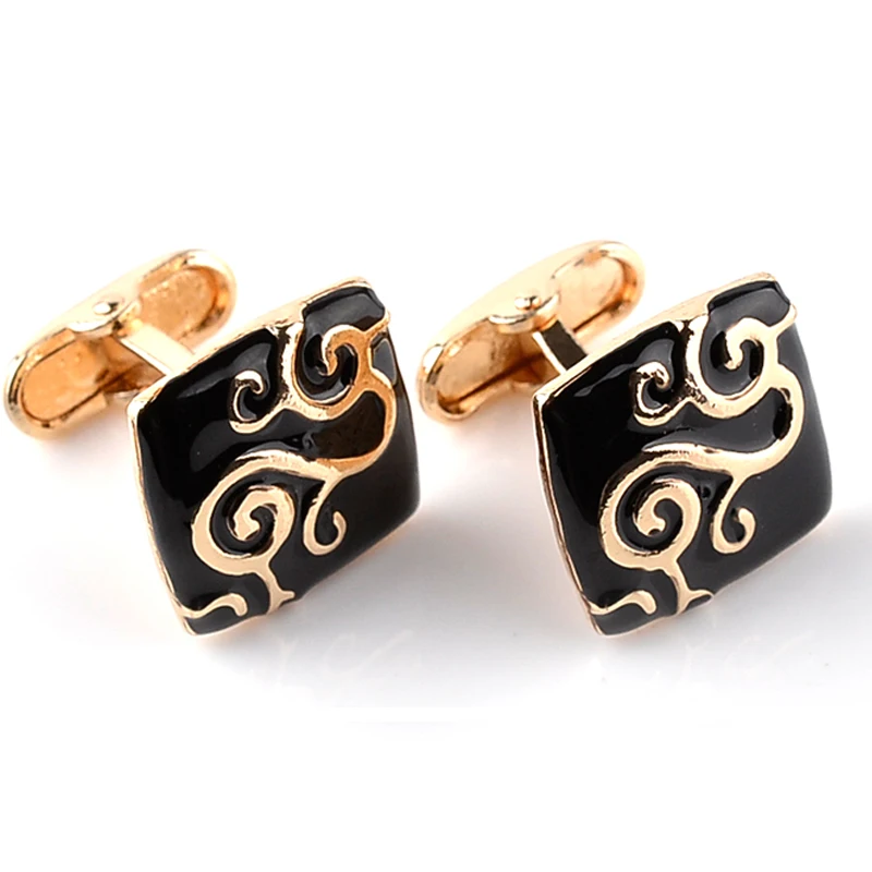 Gold Paint Plant Pattern Decorative Black Enamel Cufflinks Jewelry Mens Chrismas Gift Business Cuff Links For Gentlemen | Украшения и