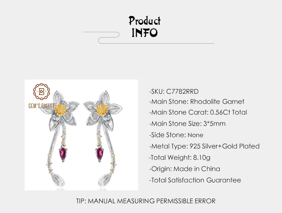 GEM'S балетные серьги ручной работы с цветком сливы 0.56Ct натуральный родолит Гранат Серьги 925 пробы серебряные Висячие серьги для женщин