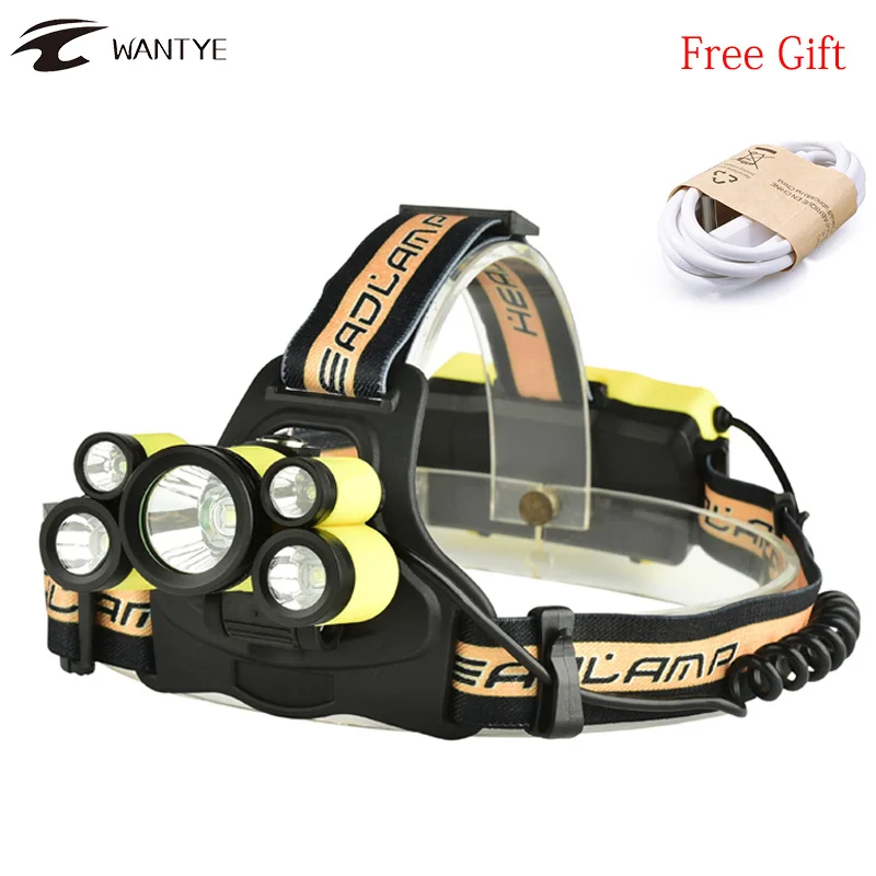 

High Power 5 LED Head Torch 15000LM USB Rechargerable 18650 Headlamp 3*T6+2*XPE Headlight 5 Mode Head light Fishing Lamp Lantern