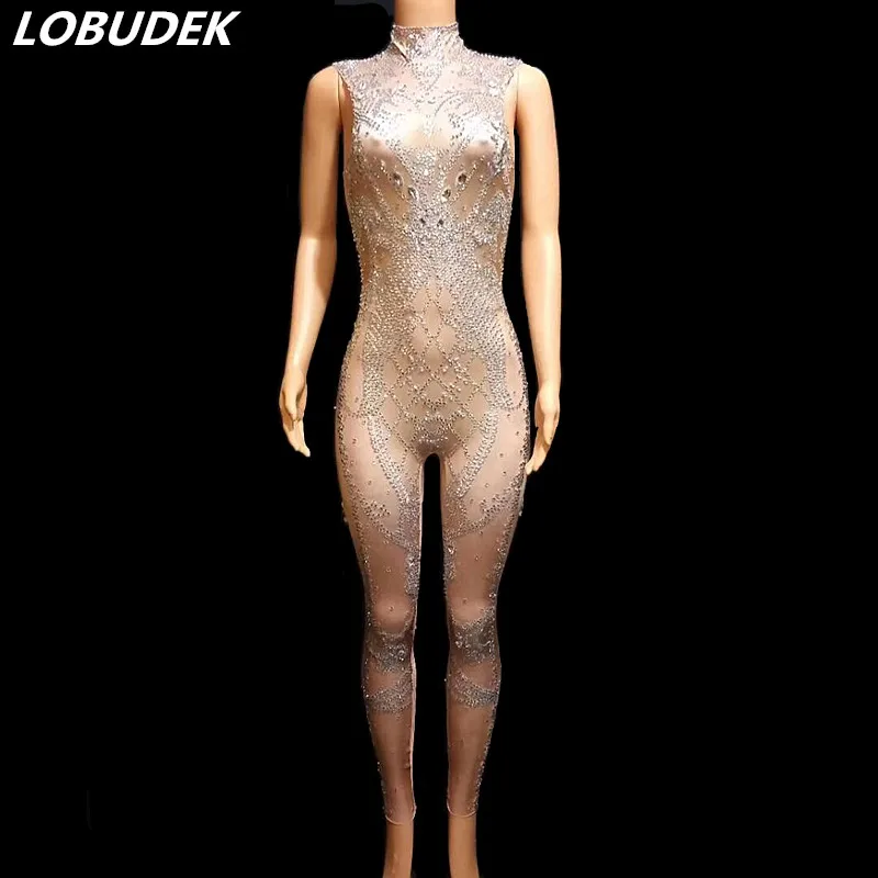 

Bling Silver Rhinestones Sleeveless Jumpsuit Crystals Stretch Leotard Sexy Women Singer Stage Outfit Nightclub Party DS Costume