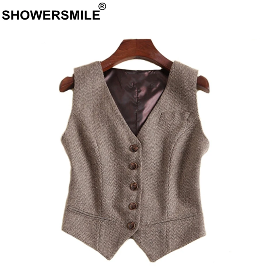 Brown Vest SHOWERSMILE твидовый шерстяной женский жилет в елочку осенний коричневый жилет короткий полосатый винтажный Женский приталенный пиджак в английском стиле - Цвет: Brown Vest