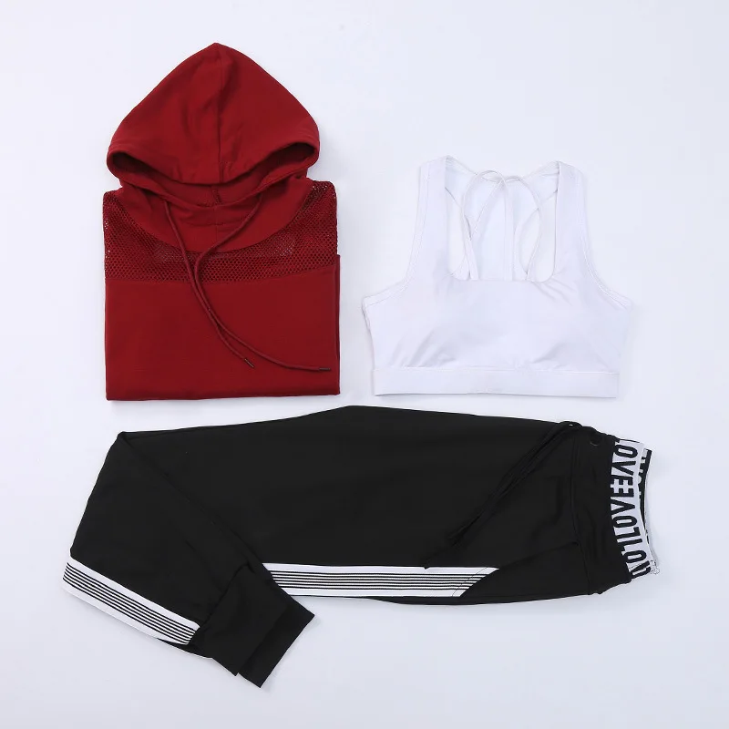 

New yoga suit, running fitness suit, loose cap, long sleeve, round collar and thick three-piece suit