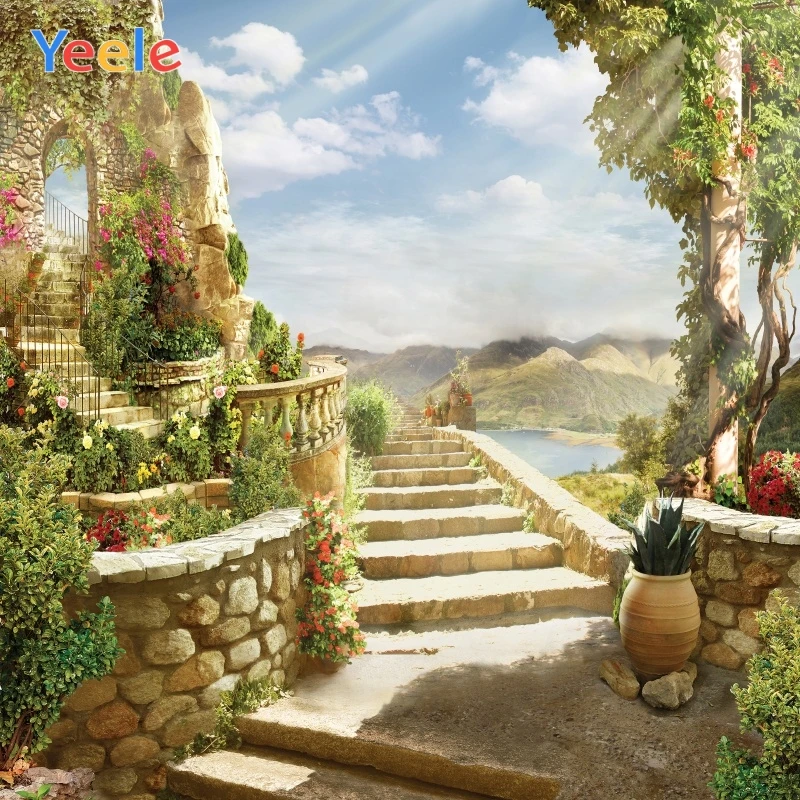 Летний фон для фотосъемки Yeele Coastal City Stone House Flower Tree Stair на заказ для фотостудии