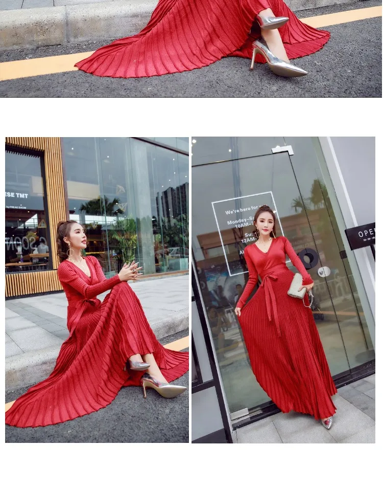 SMTHMA новое осеннее и зимнее серебряное шелковое вязаное сексуальное платье с v-образным вырезом Женский вязаный свитер плиссированное платье рождественское вечернее Макси платье