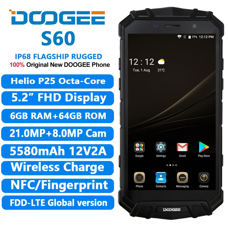 DOOGEE S60 водонепроницаемый IP68 смартфон 5 2 &quotHelio P25 Octa Core 6 ГБ 64 Android 7 0 5580 МП мАч 12V2A