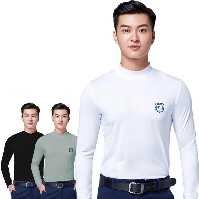 

Men Winter Autumn Warm Underwear High Strech Long Sleeved T Shirt Male Stand Collar Soft Golf Apparel D1095