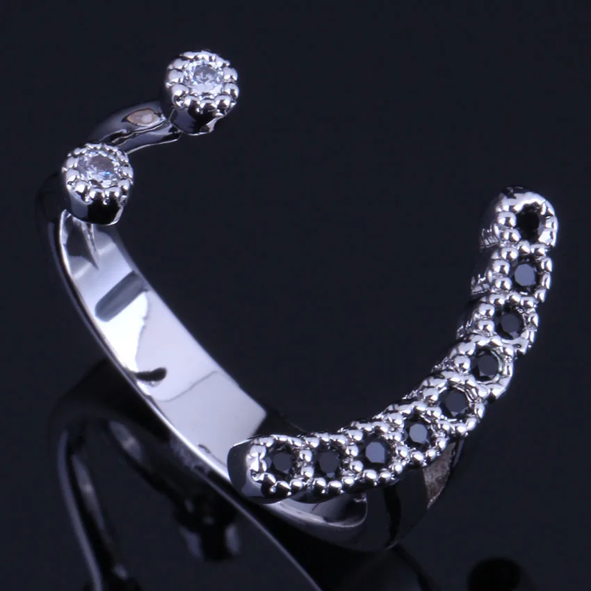 

Distinctive Smile Black Cubic Zirconia White CZ Silver Plated Open Ring V0663
