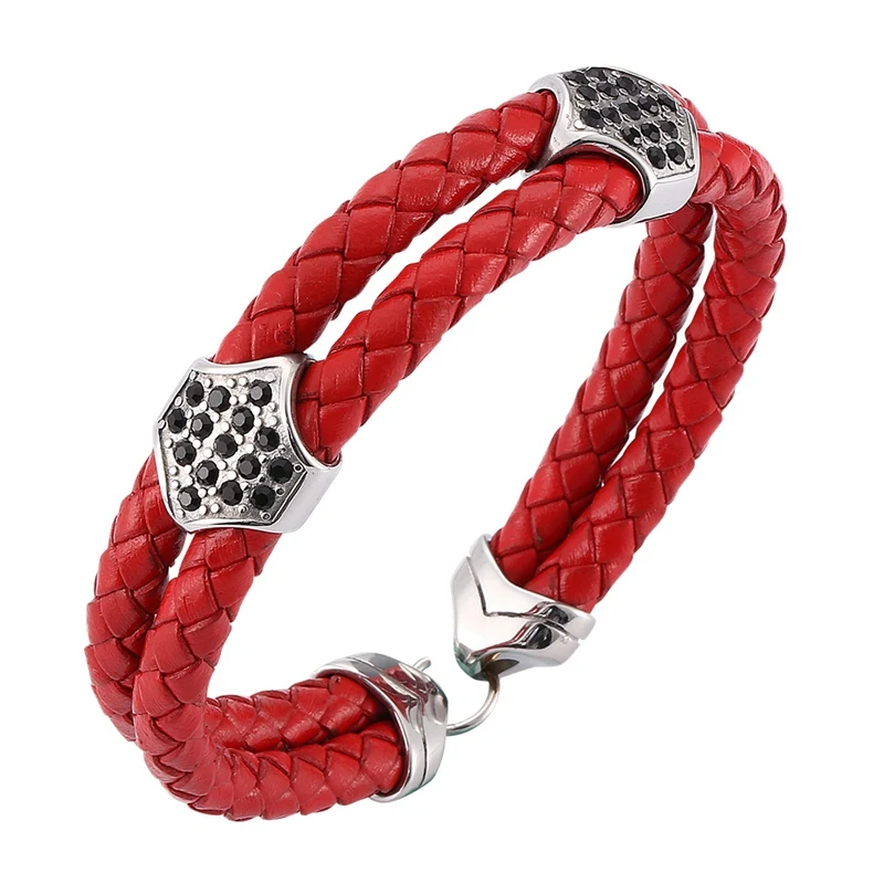 

Fashion Red Double Layer Men Bracelet Steel Buckle Zircon Accessories Genuine Leather Bracelet Women Birthday Gift BB0203