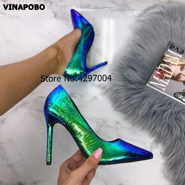 Vinapobo/Новое поступление года; женские свадебные туфли; цвет белый, синий; пикантные туфли на высоком каблуке-шпильке с градиентным принтом под змеиную кожу; женские туфли-лодочки с острым носком