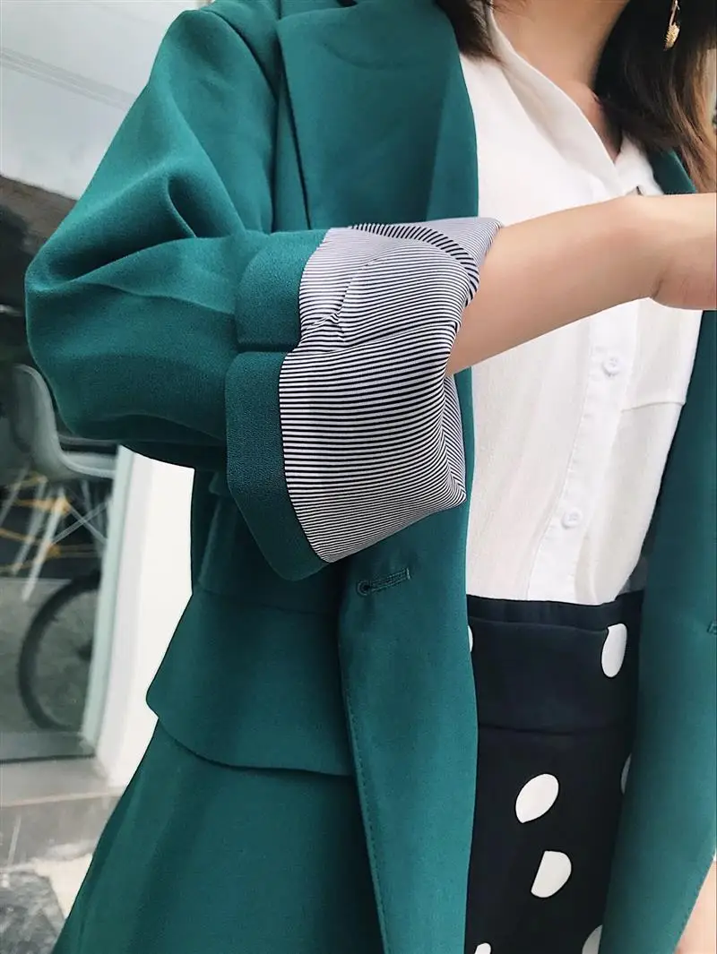 TMODA однотонный Винтажный Зеленый Блейзер Feminino Женская одежда с длинным рукавом прямое Свободное пальто с лацканами 2 однобортный пиджак с карманами
