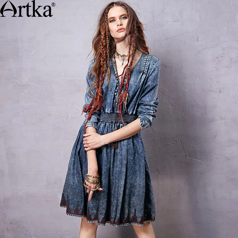 Женское джинсовое Платье До Колена ARTKA винтажное платье до колена с вышивкой и v