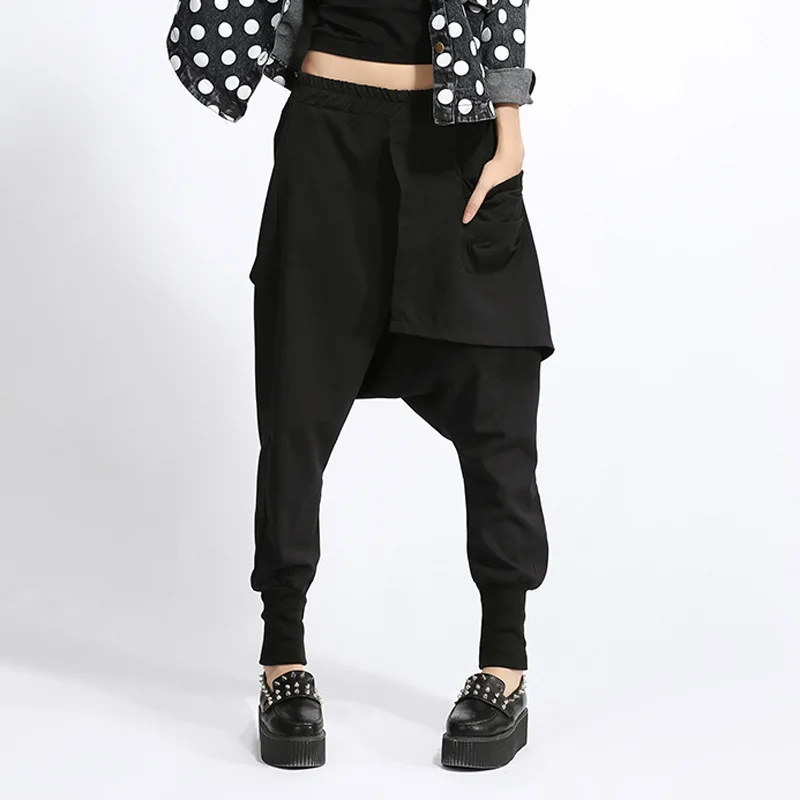 

Harajuku Vintage Palazzo Baggy Pants Boho Elastic Waist Loose False Two Pcs Harem Thick Winter Crotch Pants for Women Trousers