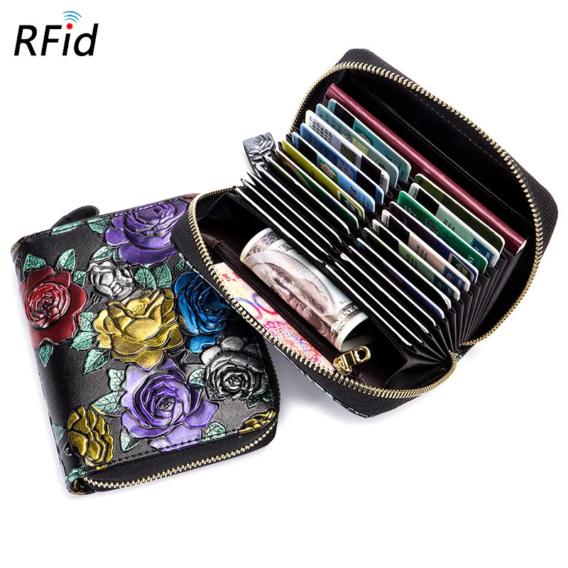 

Large Capacity RFID Credit Card Holder Zipper Organ Flower Cardholder Fashion Women Lady Card Wallet Coins Bag Porte Carte