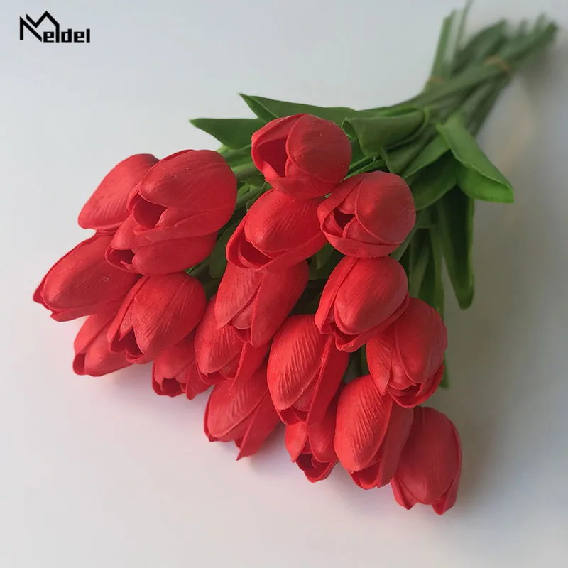 Красный Meldel 10 шт. цветок тюльпана Свадебный букет невесты Искусственный ПУ Тюльпан цветы Белый Желтый DIY домашний декор для вечеринки выпускного вечера - Цвет: Красный