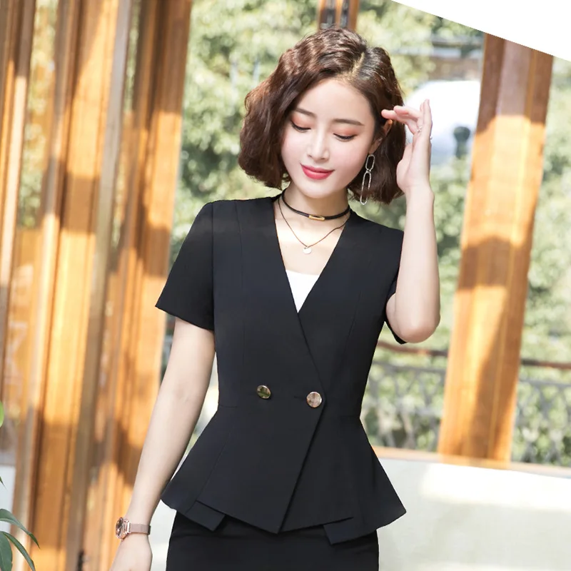 

Women Suits 2019 Elegant Slim V Neck Ruffles Chic Pink Blazers Office Lady Fashion Casual Work Coat Skirt Suits Women Clothes