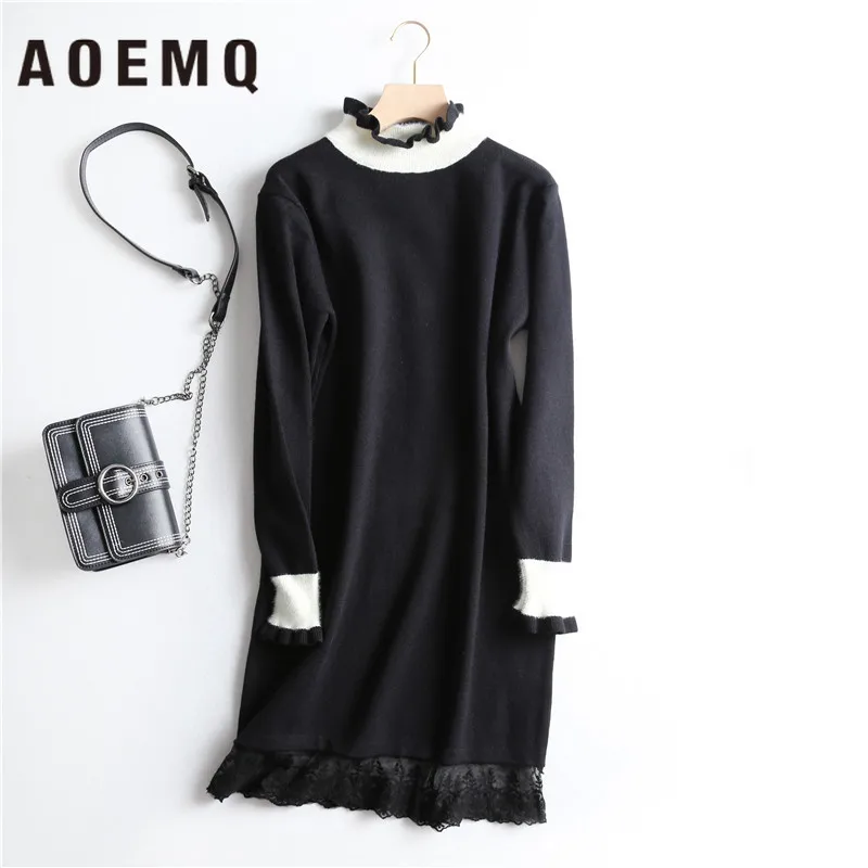 AOEMQ Mesh Lace Stitching Contrast Color Retro Loose Wood Ear Half-high Collar Middle Long Bottom Knit Sweater Dress | Женская одежда