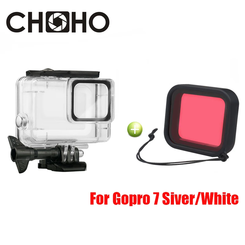 Водонепроницаемый чехол для Gopro 7 серебристый белый + красный фильтр дайвинга