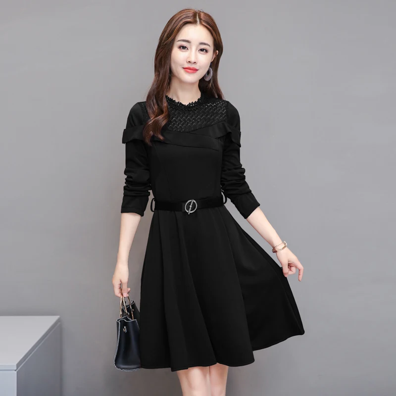 Модные женские туфли вечерние платье 2018 Новый длинным рукавом с поясом офисные