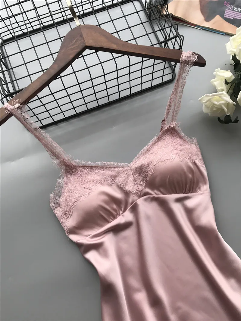 Новинка весна лето 2019 женская сексуальная ночная рубашка на бретелях шелковая