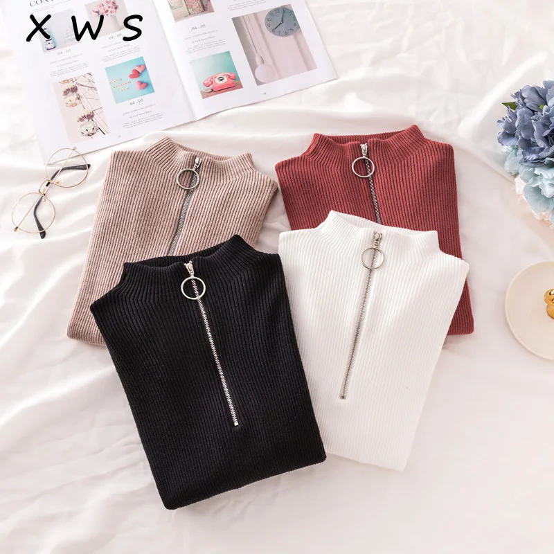 Свитер женский вязаный с высоким воротником на молнии однотонный весну/осень |