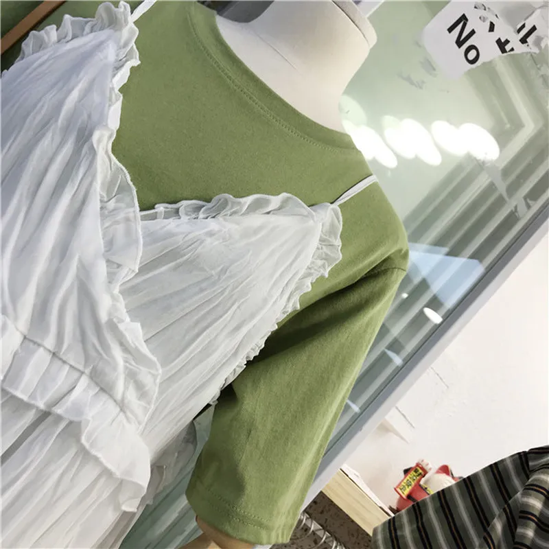 Корейский ulzzang одноцветное универсальные Для женщин футболка + V воротник рукавов