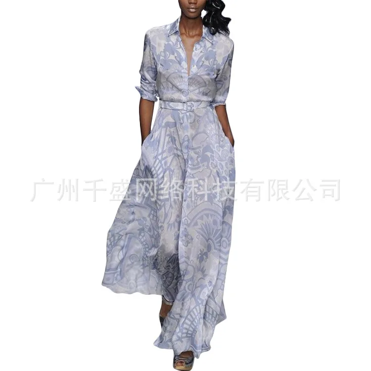 Офисная Леди печати Boho Макси женское платье модное с длинным рукавом винтажные
