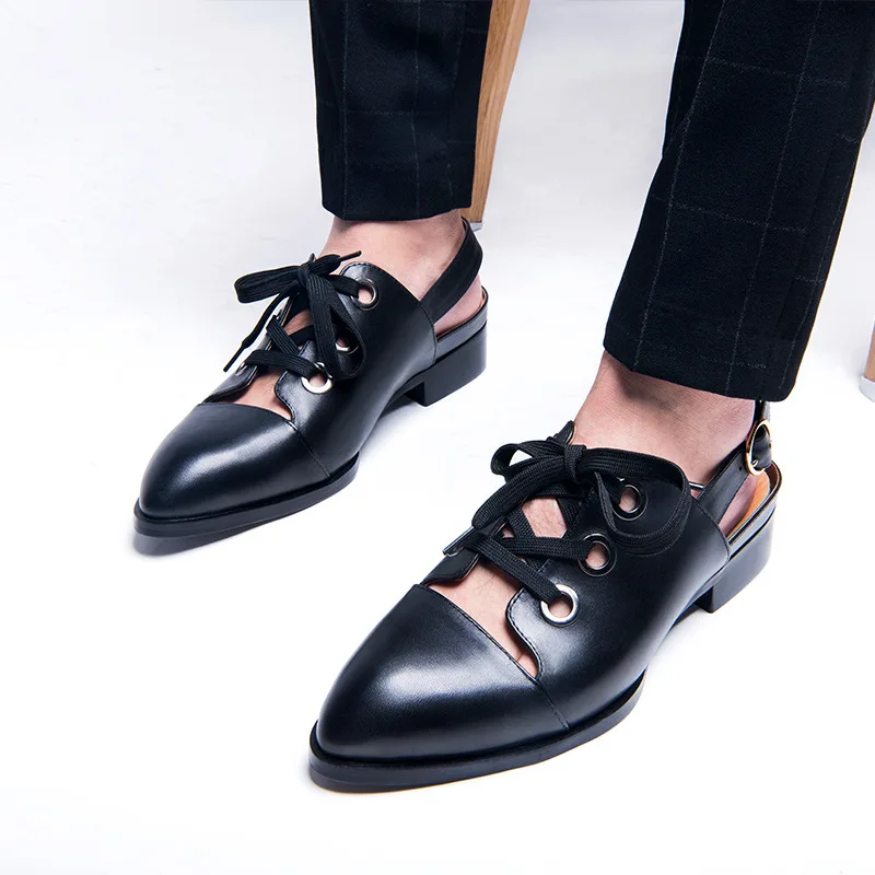 Летние прохладные сандалии мужские туфли оксфорды с острым носком в итальянском