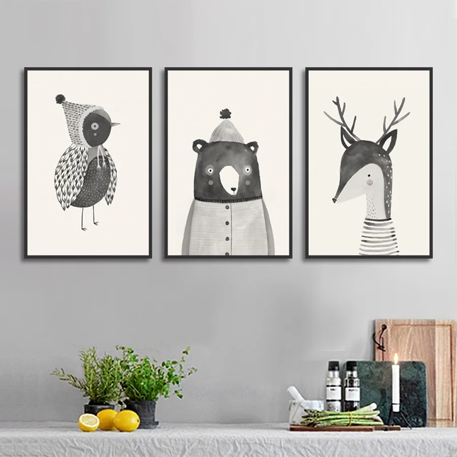 

Woodland Animals Deer Bear Bird Canavs Painting Modular Wall Art Pictures Nordic Cartoon Posters and Prints for Baby Room Decor