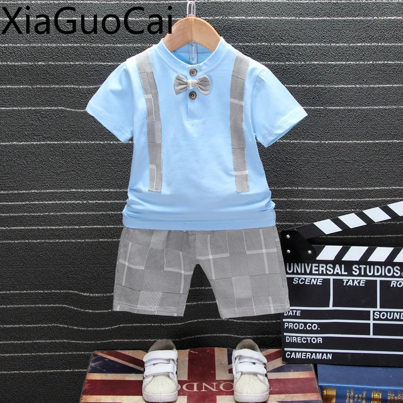 Blue Summer Casual Boys Sets Version Children's Short Sleeve T-shirts and Shorts Baby Bow Tie Strap Two-piece | Детская одежда и