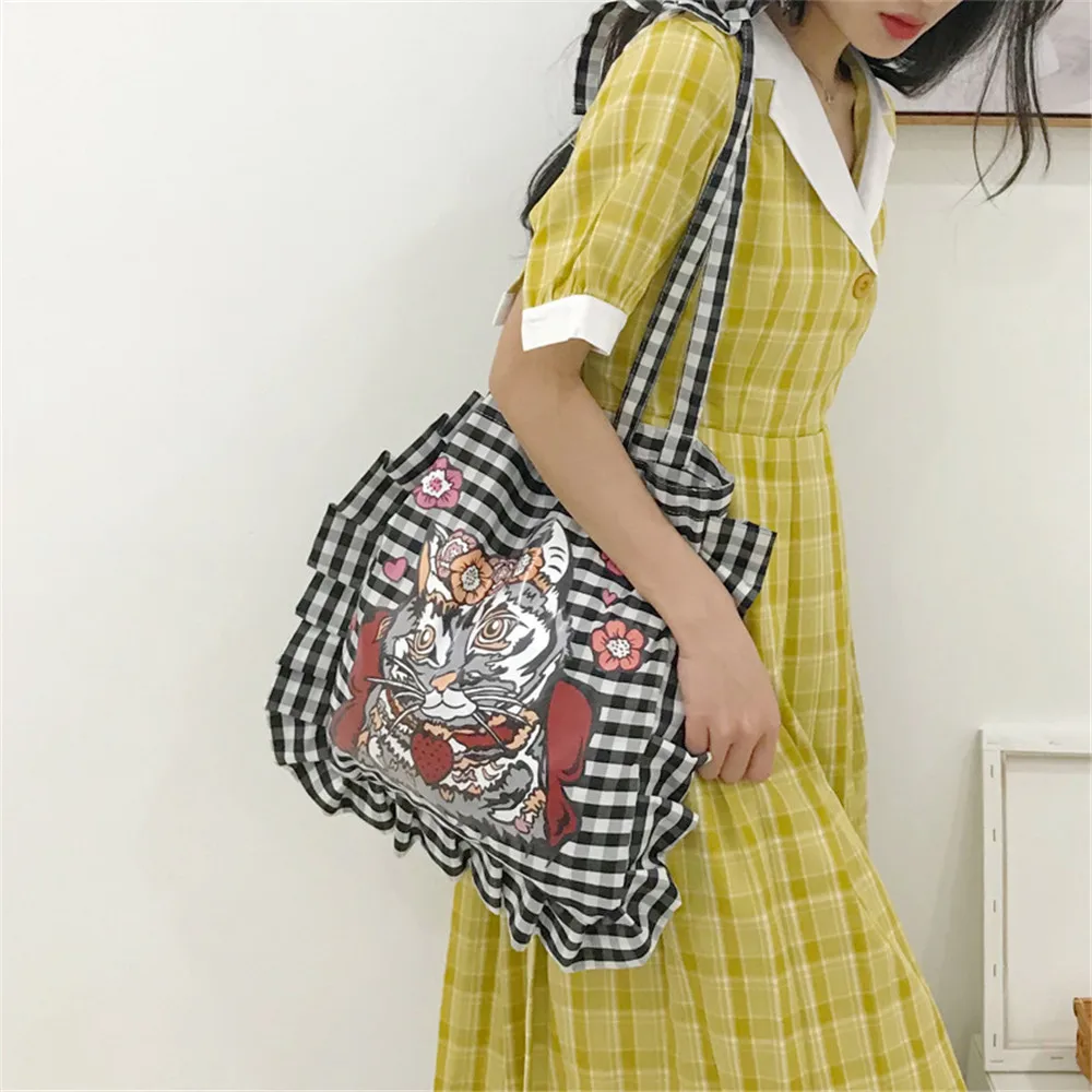 Black White Plaid Cotton Canvas Eco shopping Tote Shoulder Bag Pleated Trim Print Cat | Багаж и сумки