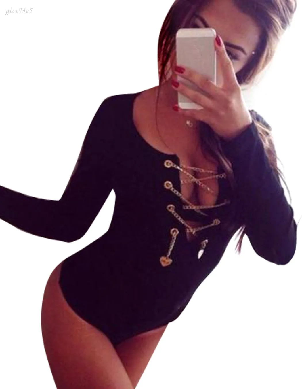 Мода Женщин Сексуальный Длинным Рукавом Боди Леди О Образным Вырезом Замочная