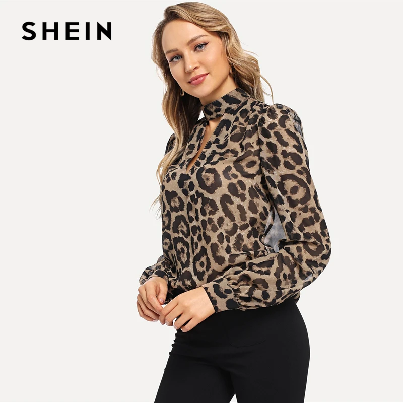 SHEIN многоцветная офисная женская блузка с воротником-чокер и леопардовым принтом, с вырезами, с длинным рукавом, осенняя рабочая одежда, модные женские топы и блузки