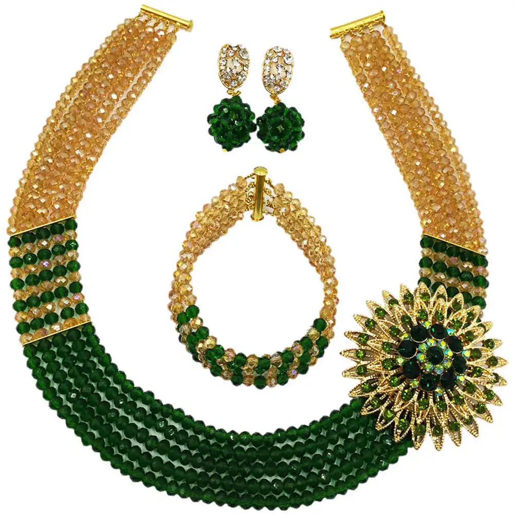 Модное Золотое AB темно зеленое хрустальное ожерелье из бисера нигерийские