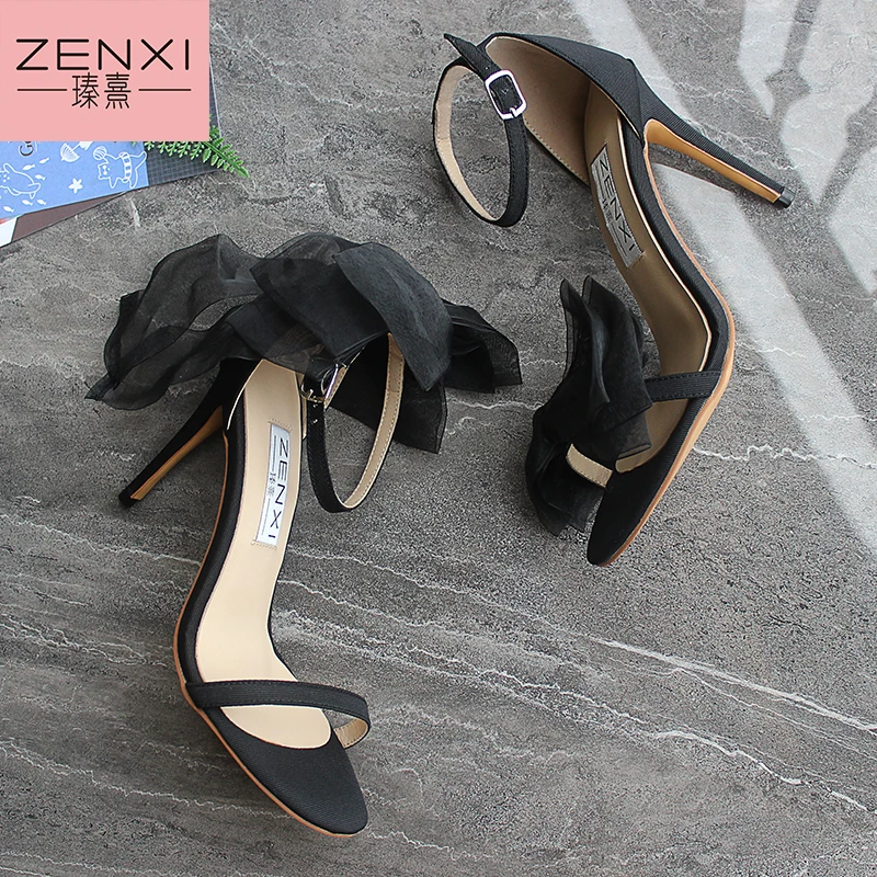 Черные Aveline 100 мм сандалии ZENXI стиль Flly Embrace Designs Du Jour с ассиметричными сандалиями увеличенные банты ручной работы