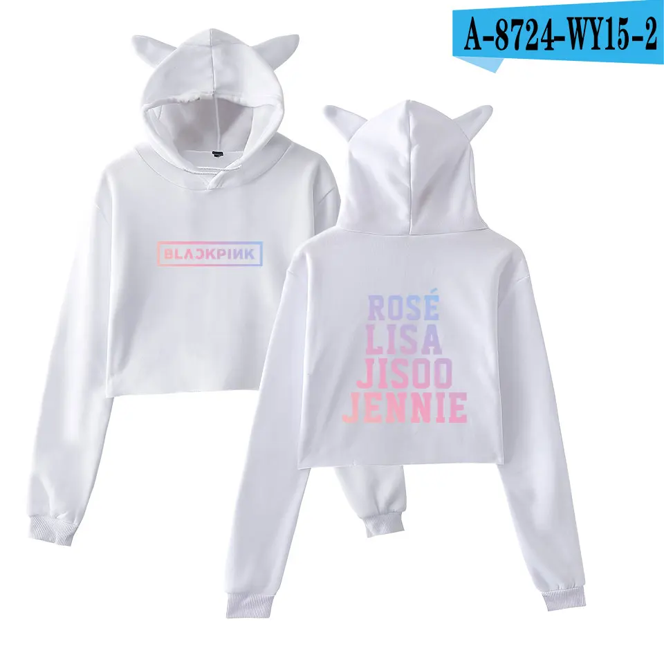 KELUOXIN Kpop Blackpink Kawaii толстовка с кошачьими ушками Женская команда с именами членов группы толстовки с принтом Blackpink вентиляторы сексуальный пупок кроп Топы - Цвет: White