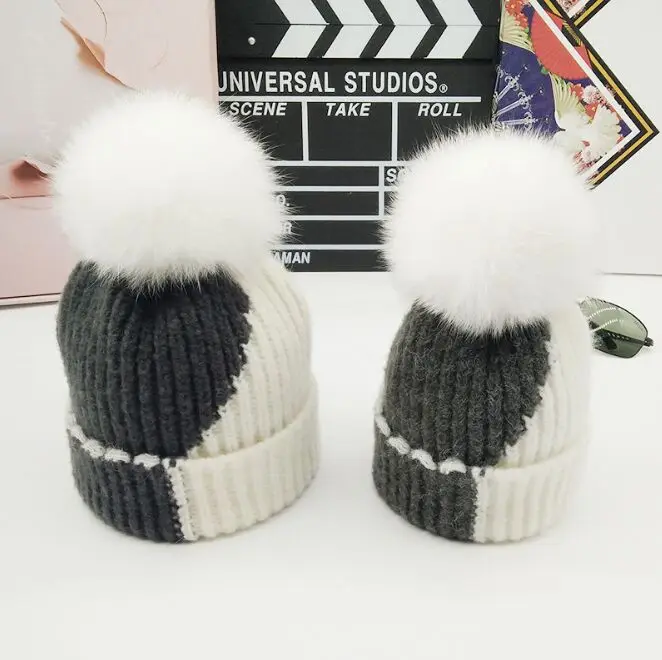 PUNS002 Новая женская зимняя вязаная шапка с помпоном из лисьего меха|fur hat|fur pom pomfox fur