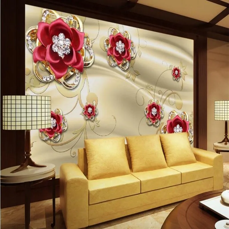 

beibehang Large Custom Wallpaper Gold Jewelry Diamond Red Rose Living Room Bedroom Sofa TV Background Wall Decorative Painting