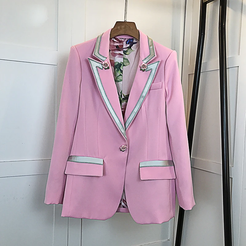 HIGH QUALITY Newest Fashion 2022 Fashion Style Jacket Women's Sweet Single Button Floral Liner Rose Pink Blazer Outer Coat