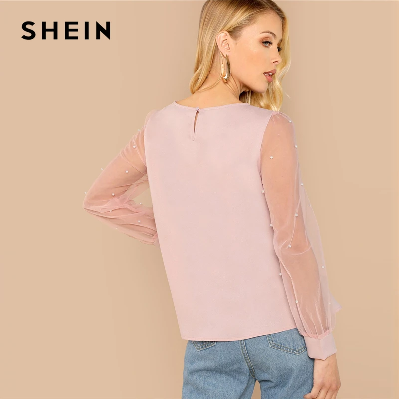 SHEIN Блузка С Прозрачными Рукавами Бусинами Нарядная Длинными Сетчатыми Рукавами|
