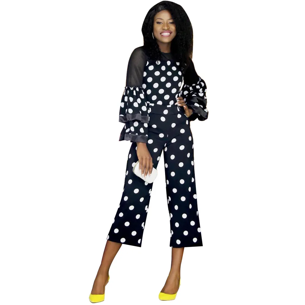 

Elegant Ruffles Dot Print Women Jumpsuit Casual Mesh Patchwork O Neck Long Pants Rompers Outwear Office Lady Overalls For Women
