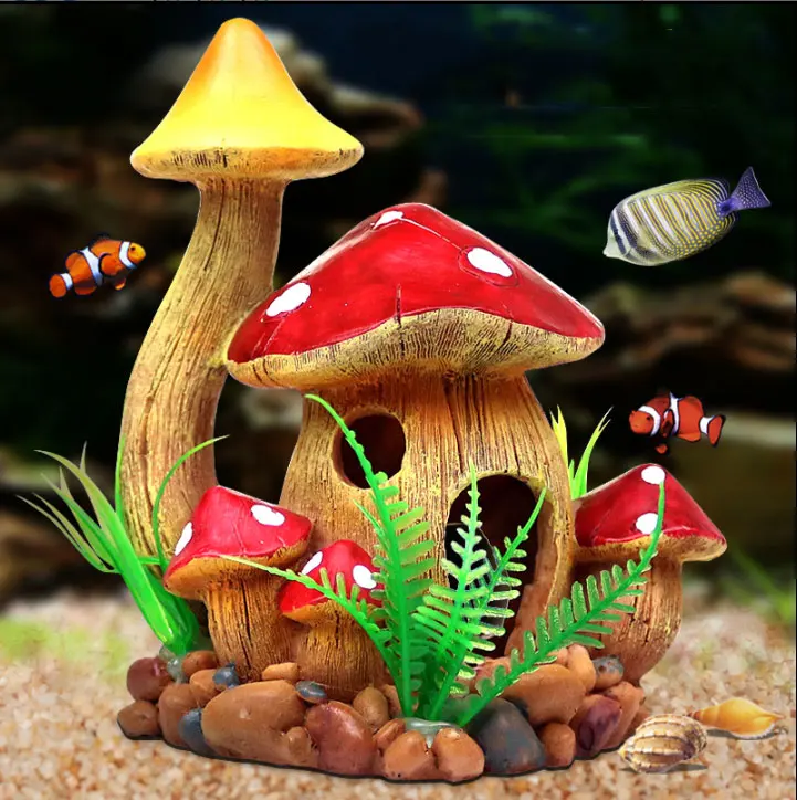 Simulation Mushroom House Cobblestone Fish Tank Decoration Accessories With Caves Can Be Hidden DIY Resin Aquarium Background | Дом и сад