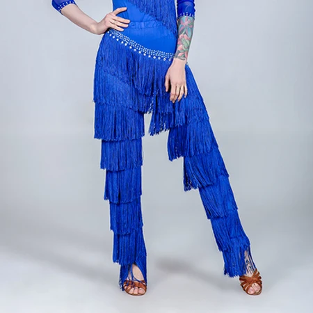 Blue Pant Костюм для латинских танцев для женщин, полный костюм с бахромой, стразы, одежда для стандартных бальных танцев, черный костюм для латинских танцев BL1725 - Цвет: Blue Pant