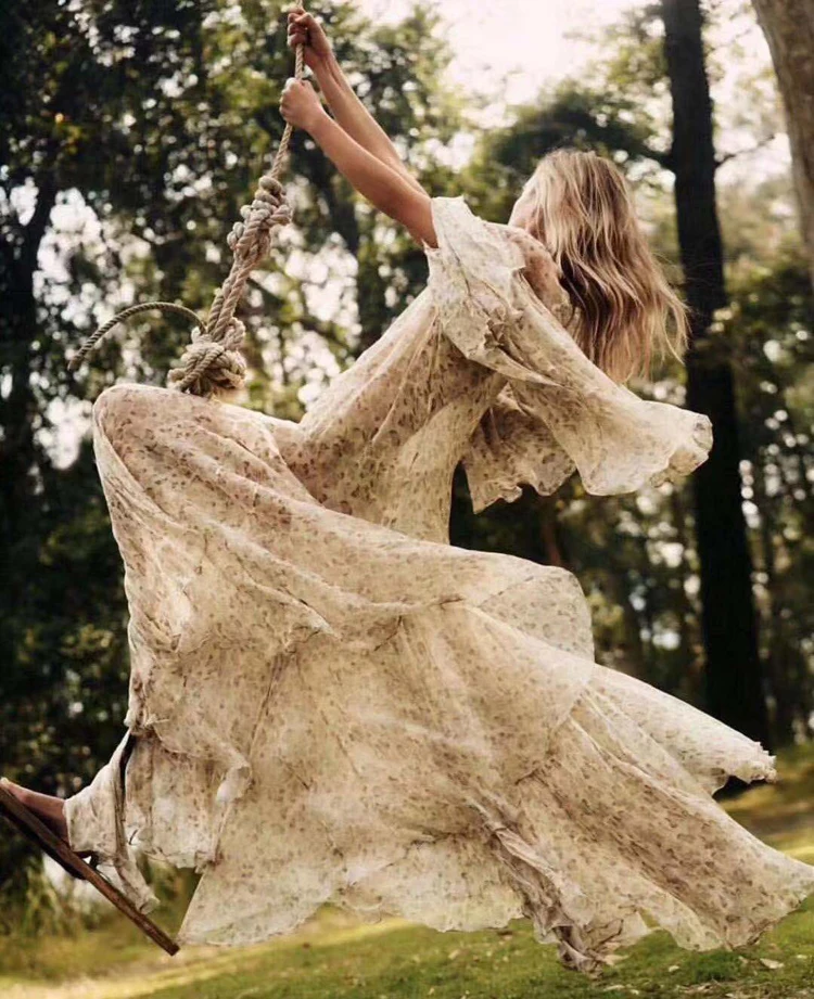 Для женщин шелковое платье 2019 Лето шелковая фея длинное с расклешенными рукавами