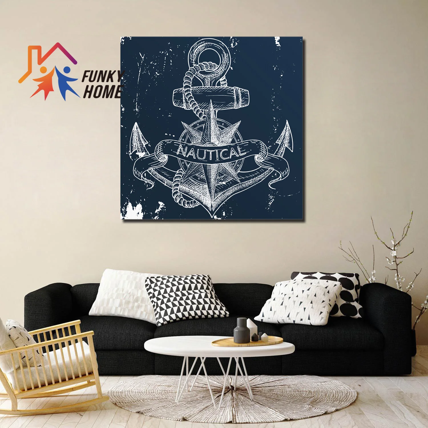 Funkyhome Картина на холсте морской якорь темно-синяя Настенная картина в рамке