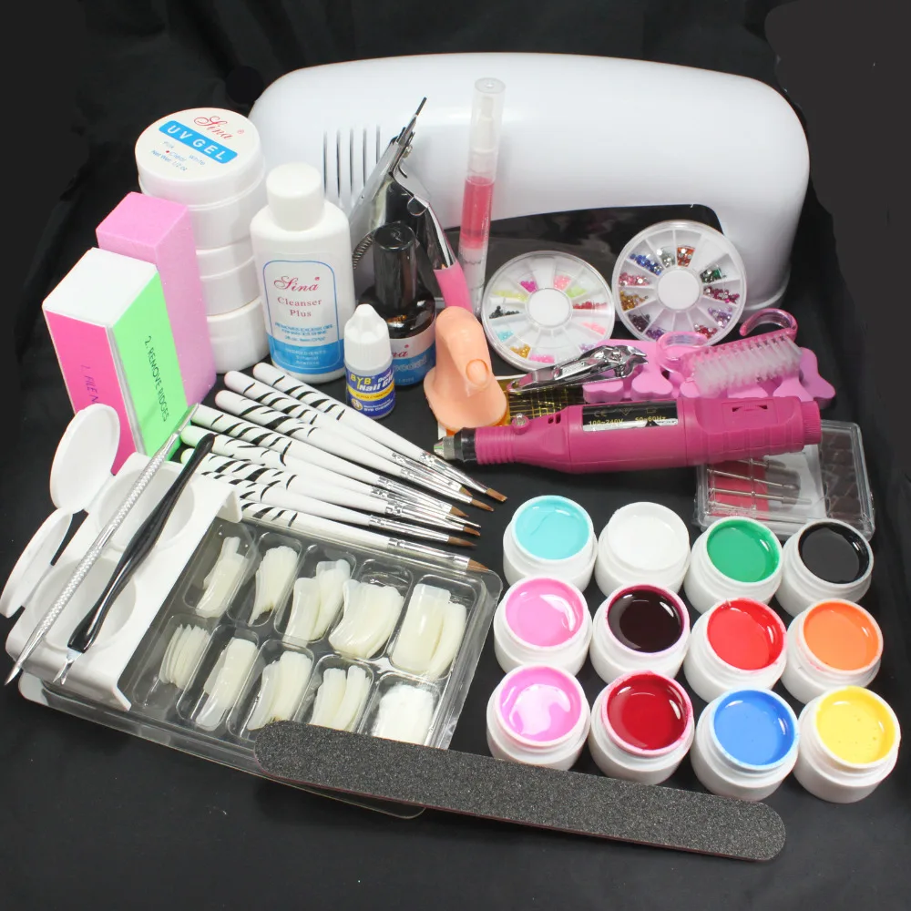 Pro Nail Art 9W UV Gel Lamp Brush Tips & Electric File Drill Nail Art Kits Tool Set Russia
